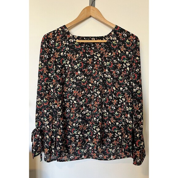 J Crew Mercantile Black Floral V Neck Bell Sleeve Blouse Size 4 - Picture 1 of 7